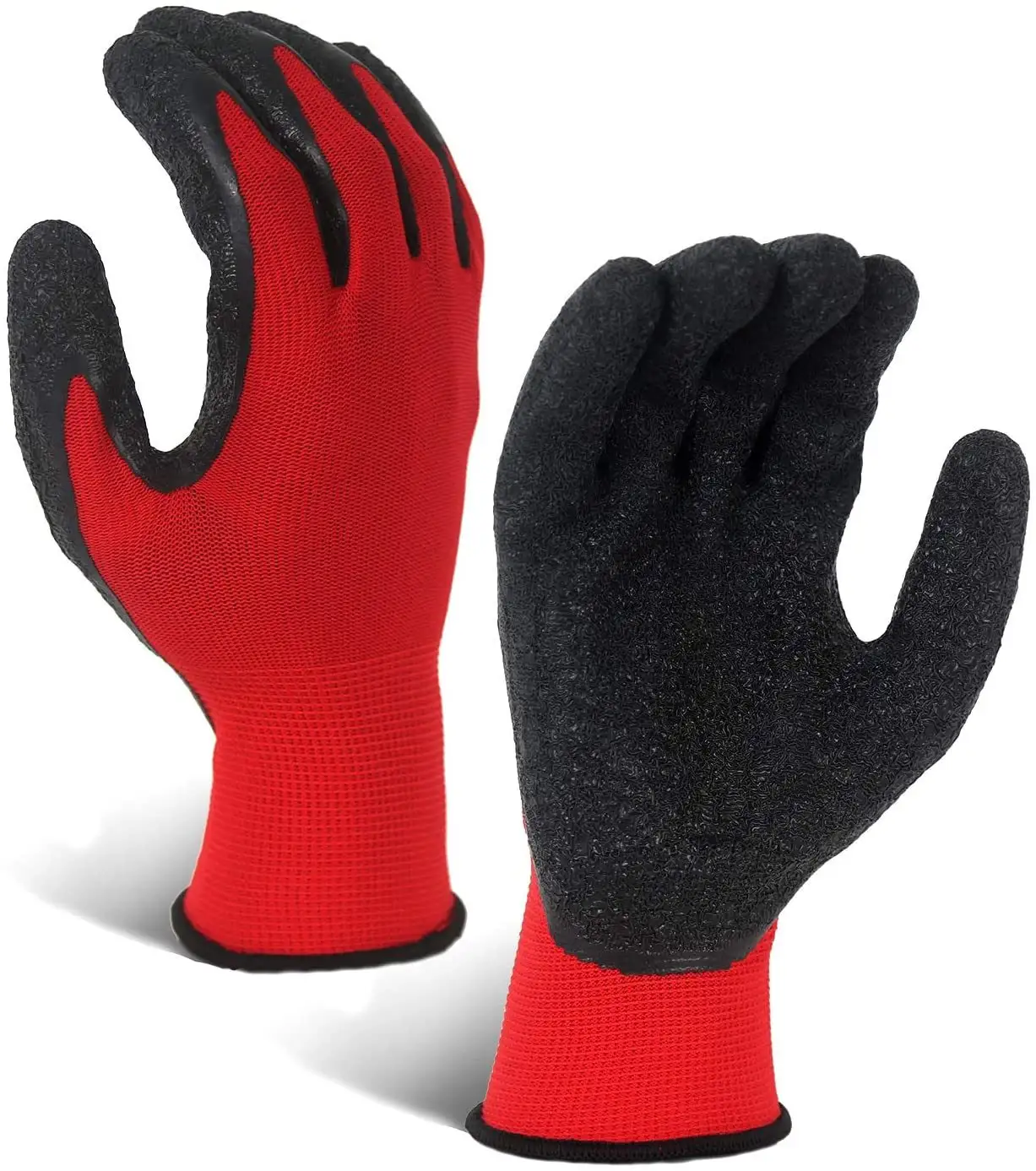 13 gauge red nylon polyester liner coated black wrinkle latex grip safety construction working hand gloves