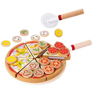 Mainan Pizza kayu untuk anak-anak, bermain peran makanan Prasekolah kayu berwarna-warni mainan dapur Pizza buatan rumah