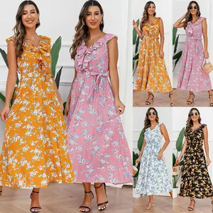 2024 Wholesale European-styl fashion women's long summerone-shoulder floral dressWomen's Casual dress Women's floor-length dress