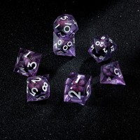 Ensemble de 7 dés polyédriques en résine violette à bords tranchants, avec yeux mobiles, pour D&D, RPG, TTRPG, jeu de société, directement de l'usine