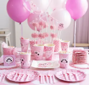 Juego de decoración de fiesta de pata de perro rosa con tema personalizado para mascotas, plato y vaso de papel con bandera, suministros de decoración para servilletas