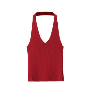 Plus Size Women's Knit Halter Tank Top Solid Color V Neck Ribbed Sleeveless Camisole Vest Red - Product Image 1