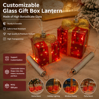 Lampe portable en forme de boîte cadeau de Noël, fournisseur de marque privée, ODM, guirlande lumineuse LED, décoration de fêtes, verre borosilicate rouge et or, vente en gros