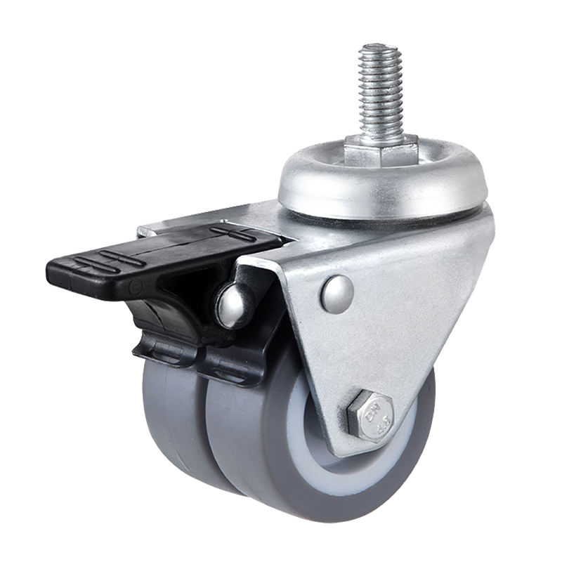 2 3 Inch Threaded Stem Twin Wheel Caster with Brake Dual Thermoplastic Rubber TPR Wheel for Industrial Trolleys