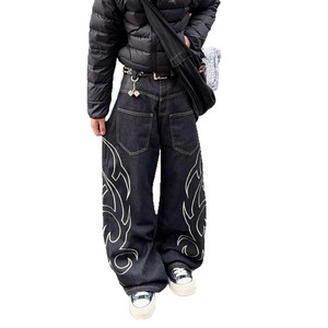 Stonewashed Wide Leg Denim Pants With White Embroidery Streetwear Style High Waist Loose Fit Cotton Midweight <b>Winter</b> <b>Jeans</b> - Product Image 2
