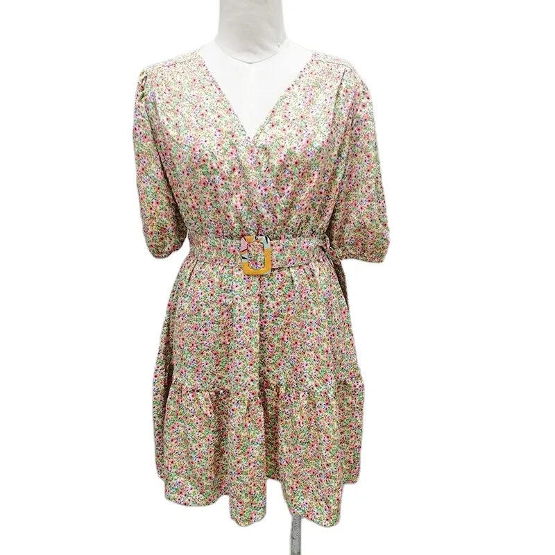 새로운 도착 하프 슬리브 V 넥 꽃 인쇄 라인 드레스 캐주얼 여성 여름 패션 셔링 짧은 드레스