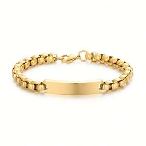 Bracelet d'identification en or pour homme, personnalisable, en acier inoxydable, avec plaque nominative gravée, bijou minimaliste, chaîne de poignet classique - Product Image 1
