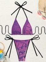 Ensemble de bikini triangle pour femme, imprimé tribal polynésien vert lime, bleu et orange, avec liens halter, deux pièces, maillot de bain de plage