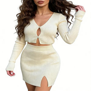 Ensemble 2 pièces tricoté pour femme, col en <span class=keywords><strong>V</strong></span>, avec découpes, comprenant un haut court à manches longues et une jupe fendue moulante, style <span class=keywords><strong>pull</strong></span> chaud - Product Image 5