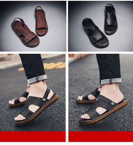 شبشب رجالي مقاس كبير 46 مصنوع يدويًا مفتوح من الأمام أسود بقرة جلد طبيعي صنادل صيفية مقاومة للماء صنادل متقاطعة نعل مسطح بتصميم خارجي - Product Image 6