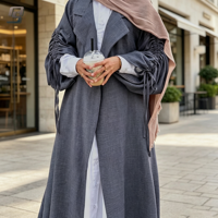 Abaya Cardigan à Col Tailleur Personnalisé OEM pour Femme, Robe Islamique Quotidienne à Manches Longues et Ouverture Frontale