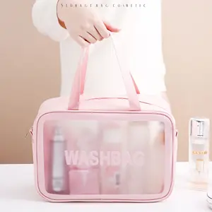 Tas Kosmetik Wanita, Logo Kustom Tahan Air Hitam Merah Muda Putih Buram Ritsleting Perlengkapan Mandi Perjalanan Kecil Mencuci Tas Kosmetik Pvc Bening