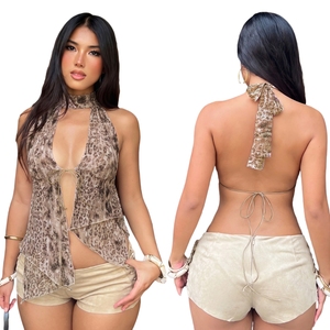 Top Halter con Estampado de Leopardo Y2K, Tejido con Parches, Escote en V Profundo, con Lazos, Colorblock, para Mujer, para Fiesta - Product Image 1