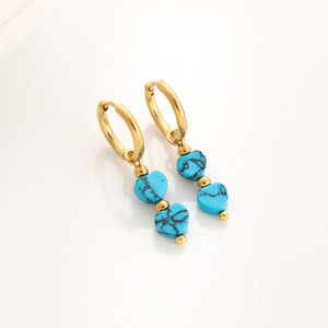 Ohrringe aus Edelstahl, Wasserdicht, Vergoldet, Kreisförmige Creolen, Naturstein-Herz-Anhänger, Schmuck - Product Image 4