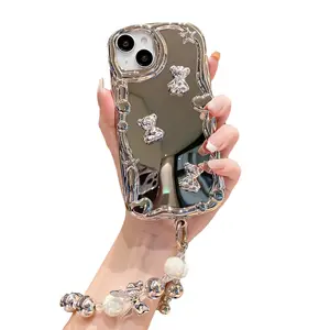 For IPhone15 Plated Mirror Mobile Phone Case Love Bracelet 13/14 Silver Bear Anti-fall Soft Case