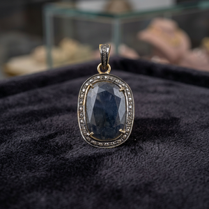 Lapis Lazuli <b>Pendant</b> With Diamond Bezel Setting 18K <b>Solid</b> <b>Gold</b> Classic Style Unisex Everyday Wear Jewelry - Product Image 3