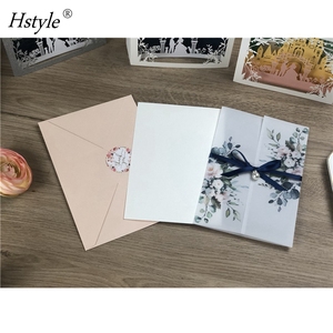 Wedding <strong>Invitations</strong> Cards With Sleeves and Envelopes and Ribbon Belly Band Pearl Embellishments Wedding <strong>Invitation</strong> Cards HS1375 - Product Image 3