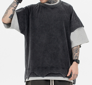 2025 nuova primavera ed estate per realizzare vecchie t-shirt <span class=keywords><strong>a</strong></span> maniche corte Color doppio strato Retro con Splicing pesante - Product Image 5