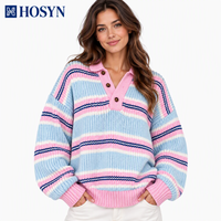 Pull en tricot surdimensionné à col polo et épaules tombantes pour femme, en mélange acrylique personnalisé, à rayures pastel, pour l'hiver