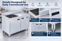 Table de préparation de cuisine professionnelle ISO 9001 avec armoire de rangement, trois tiroirs, portes et plan de travail en acier inoxydable poli pour banquets