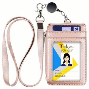 Porte-cartes de travail pliable en cuir avec cordon, porte-badge, porte-carte d'accès au bus, étui de protection pour cartes - Product Image 3