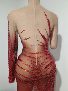 Abito da Sera Lungo Monospalla Rosso con Strass e Paillettes, Vestito da Donna con Spacco Alto per Feste in Club, Abito da Cerimonia per Festival - Product Image 5