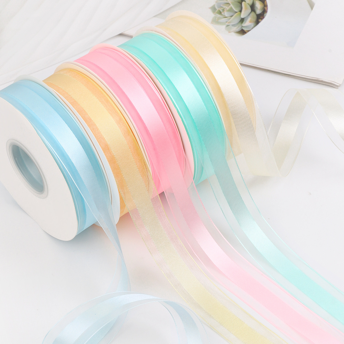 Wholesale Birthday Cake Ribbon Solid Color Satin Edge Tulle Flower Decoration Gift Box Tie Gift Box Polyester Ribbon