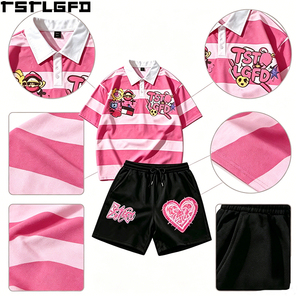 Cut And Sew Pink Striped Polo Shorts <b>Set</b> Heavyweight Graphic Printed Y2K Streetwear Two Piece <b>Set</b> Wholesale Bulk - Product Image 3