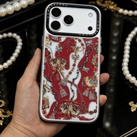 Étui de téléphone de luxe A9 en verre avec bordure contrastante argent-noir, protection intégrale 360° pour 17 Pro, style baroque vintage