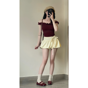 T-shirt Femme Couleur Unie Taille Haute Coupe Ajustée Effet Compressif Épaules Dénudées avec Volants – Tendance et Pratique – Échantillon Gratuit – Meilleure Vente - Product Image 1