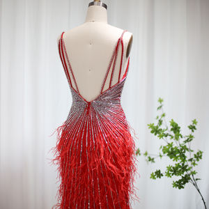 Sharon Said SS004 vestido de noche de lujo con cuentas plumas azules sirena tirantes finos Sexy espalda descubierta vestidos de graduación con abertura - Product Image 3