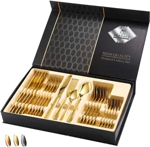 High Quality Gold Matte Plated Stainless Steel Knives Forks Spoons Silver Finish Brushed Flatware 24 Pieces Gold Cutlery Set