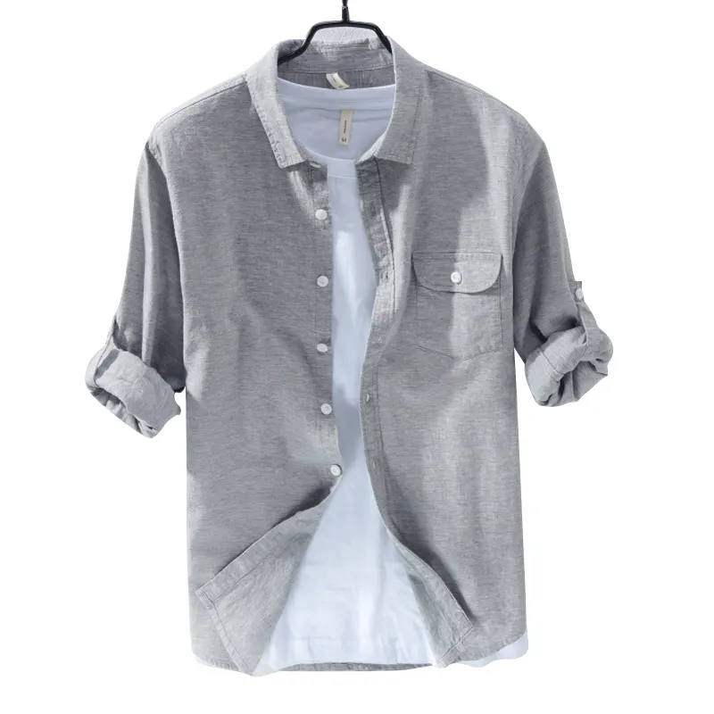 High Quality Solid Color Long Sleeves Casual Stylish Slim Fit Clothing Shirt Linen Man