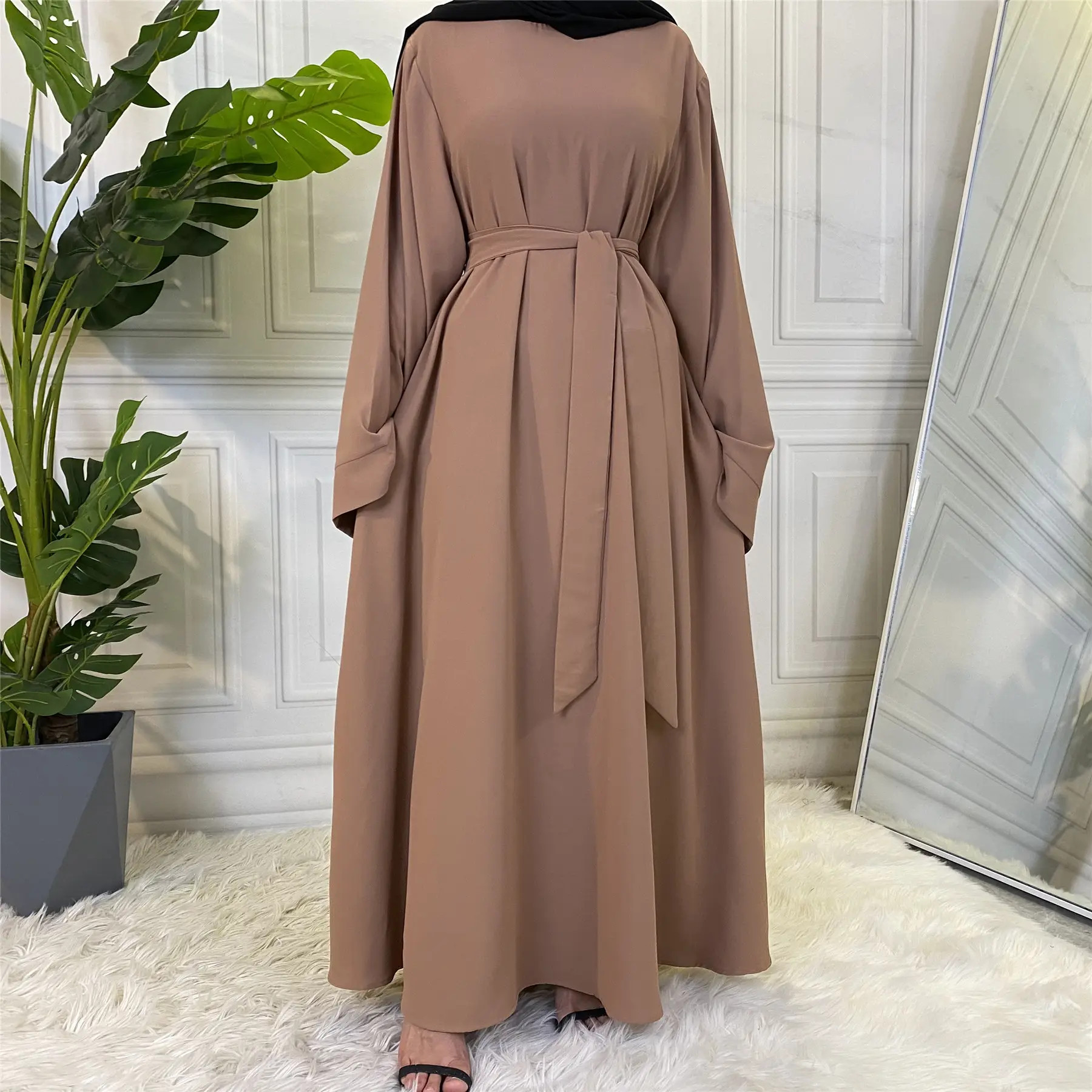 Arabian Islamic Dubai Jubah Belted Eid Gaun Panjang Wanita Sifon Gaun Muslim Timur Tengah Doa Flowy Maxi Cardigan