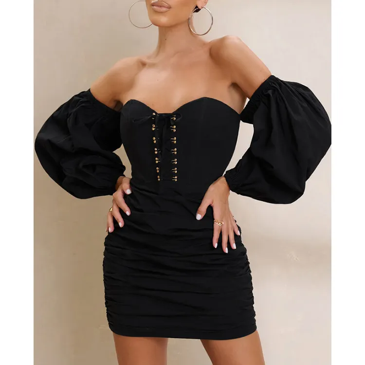 2022 Y2K Trendy Black Mini Sexy Dresses Off Shoulder Slim Waist Bardot Sleeve Corset Mini Bodycon Dress Women Clothing