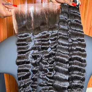 ready to ship double draw deep curly peruvian hair bundles with closure grade 13a 100% human hair bundles with closure set