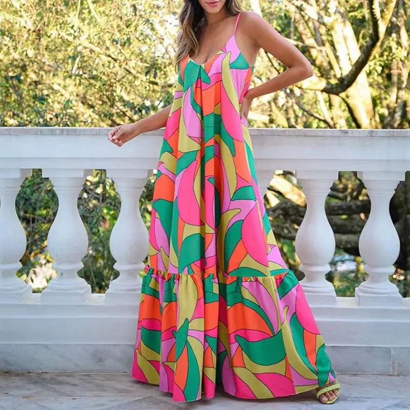 Designer Custom Floral Printed Dress Summer V Neck Spaghetti Slip Colorful Pattern Printed Backless A Line Long Dresses Women