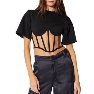 T-shirt à manches courtes pour femme, style décontracté, coupe ajustée, col en maille 3D, décoration de logo, style sexy et tendance - Product Image 4