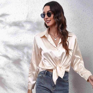بلوزة ساتان أنيقة جديدة بأزرار للنساء، قمصان كاجوال بأكمام طويلة للربيع، تصميم بسيط غير مصنوع من مواد غير منسوجة - Product Image 4