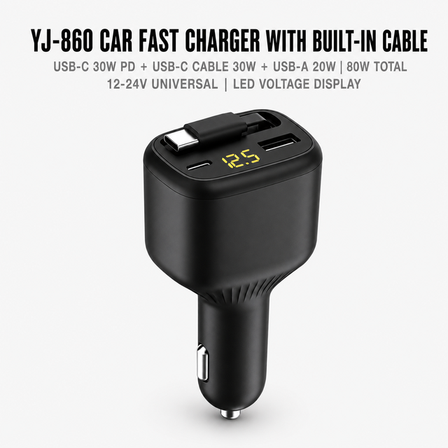 80W USB C Car Charger PD 30W QC3.0 PPS Fast Charging Built-in Type C Cable USB-A 20W 12-24V LED Display for iPhone Samsung