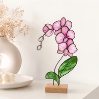 Vitrail Art Déco au design unique Orchidée rose Affichage floral élégant sur socle en bois pour la décoration intérieure ou les cadeaux