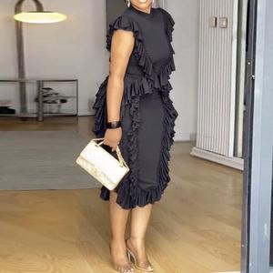 แฟชั่นเดรสสตรีแขนกุดคอกลมแต่งระบายลูกไม้ชุดเข้ารูปยาวคลุมเข่าสง่างาม - Product Image 3