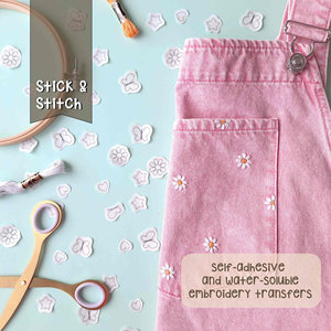 138 autocollants brodés : cœurs, étoiles, papillons, marguerites - Papier soluble dans l'eau, effaçable à l'eau - Product Image 1