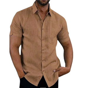 Maglietta estiva maschile camicia Casual camicia di <span class=keywords><strong>lino</strong></span> con bottoni a maniche corte tinta unita - Product Image 3