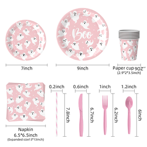 <span class=keywords><strong>Assiettes</strong></span> en papier fantôme rose pour fêtes d'Halloween et du Día <span class=keywords><strong>de</strong></span> Muertos, articles <span class=keywords><strong>de</strong></span> fête <span class=keywords><strong>jetables</strong></span> à thème citrouille étrange - Product Image 3