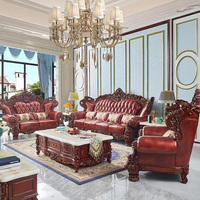 Europäischer Stil Hotel-Villa Echtleder-Sofagarnitur, Vintage Massivholz Geschnitztes Sofa, Königliche Hochwertige Luxusmöbel