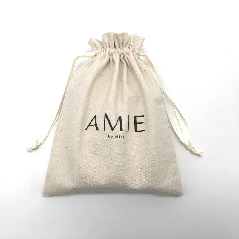 Promotional Custom Logo Printed Organic Canvas Jewelry Gift Packing Pouch Canvas Cotton Drawstring Bag