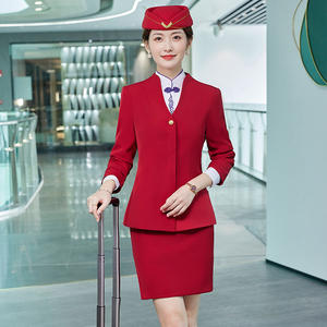 Conjunto de Uniforme de Aviación Personalizado Touchhealthy para Mujer, Chaqueta, Camisa y Falda, en Azul, Rojo y Negro, de Poliéster y Algodón - Product Image 1