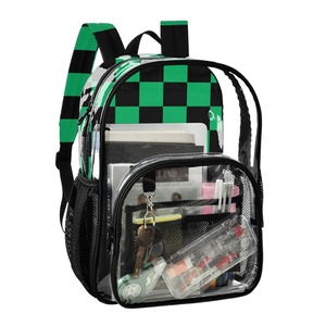 Unisex <b>Black</b>/Green Checked Design Heavy Duty Clear 16" Large Size Sports <b>Backpack</b> Transparent PVC Clear <b>Backpack</b> Bag - Product Image 2