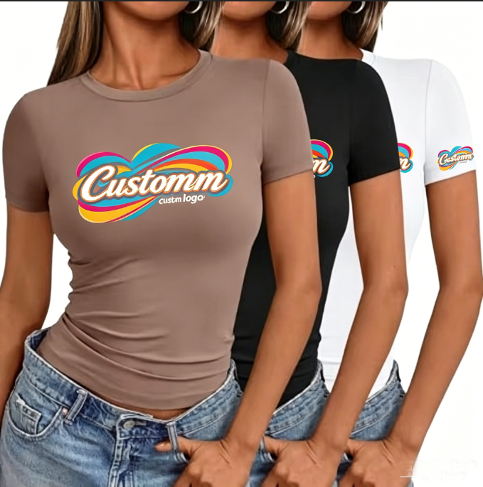 Bold Color Art Logo Slim Tee Artistic Color Logo Slim-Fit Tee Women Rhinestone Crop Top Tshirt